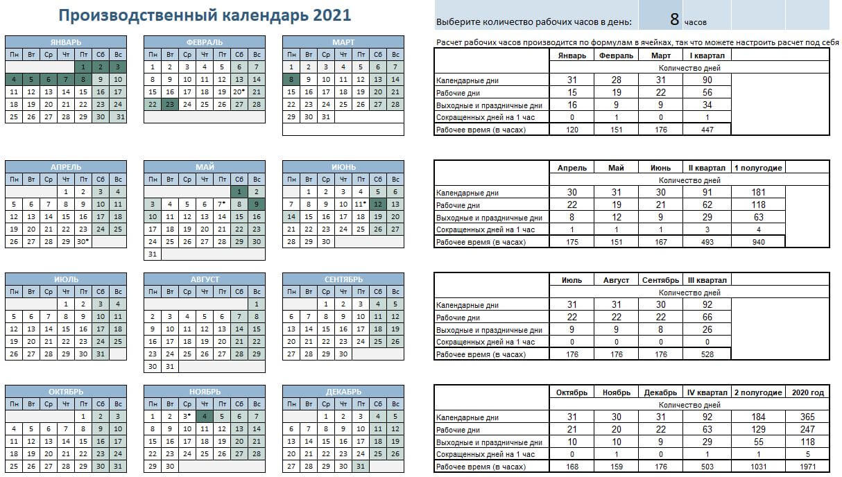 Производственный календарь на 2021 год