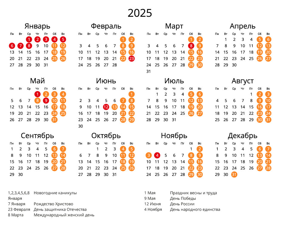 Календарь на 2025 - С праздниками и выходными