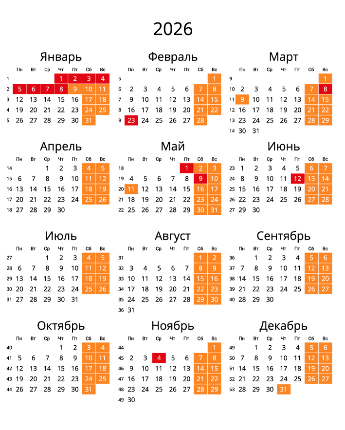 Календарь на 2026 - С номерами недель