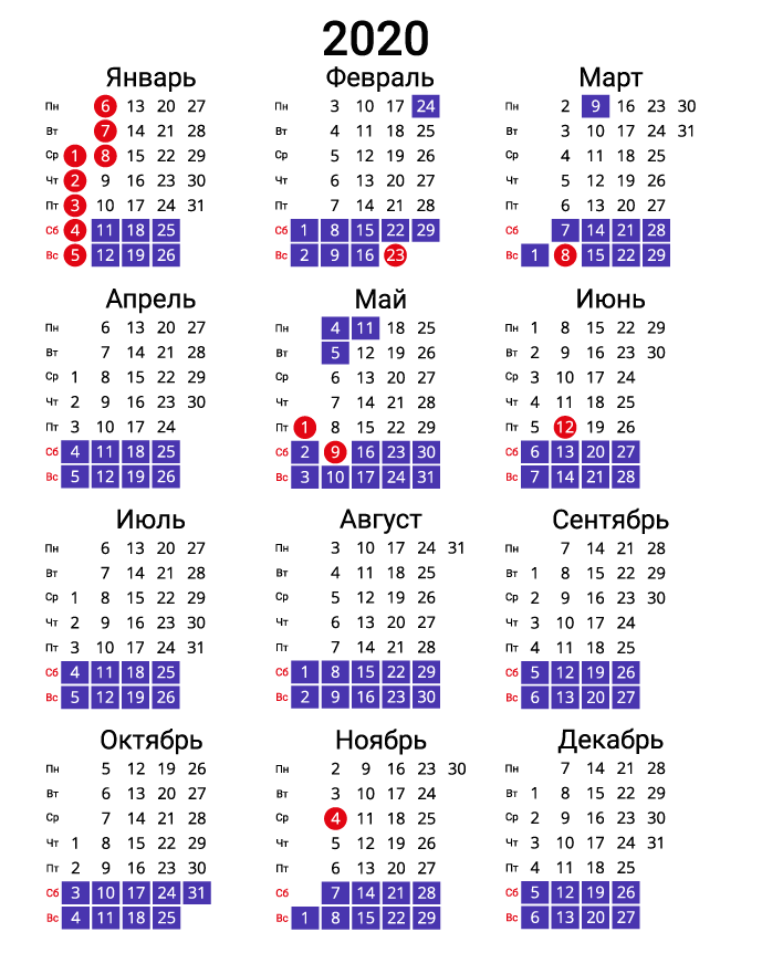 Вертикальный календарь на 2020 - портретный синий 
