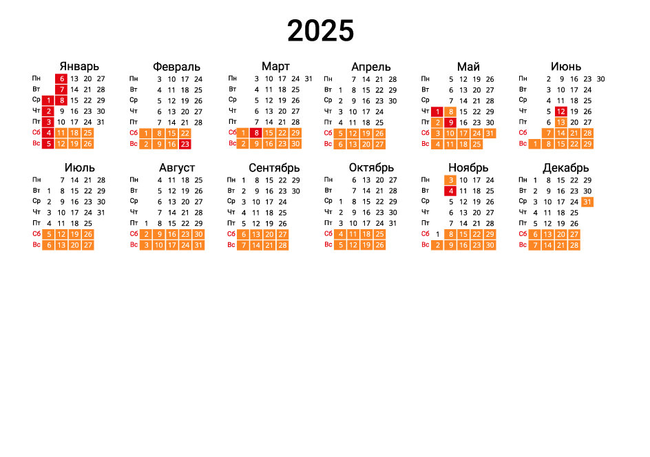 Вертикальный календарь на 2025 - в две строки